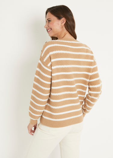 Pull doux rayé col rond maille fantaisie Camel/Ecru
