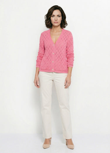 Cardigan col V boutonné ajouré uni coton Rose