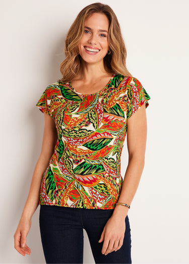 T-shirt court motif feuillage Vert/Rouge