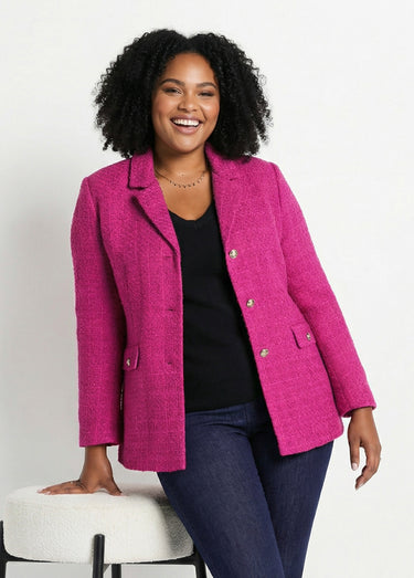 Veste droite boutonnée tissu natté col tailleur Fuchsia