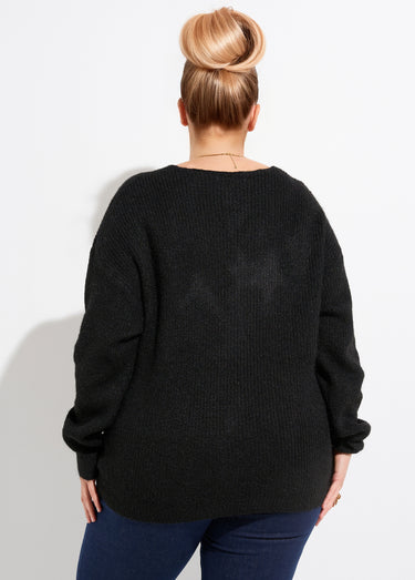 Pull col V maille mousseuse avec laine Noir