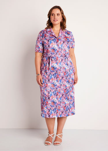 Robe droite ceinturée mi longue imprimée Bleu/Rose