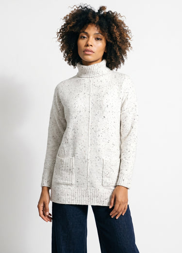 Pull-tunique chaud moucheté col roulé Ecru