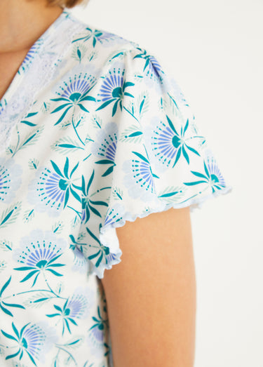 Chemise de nuit coton fleuri dentelle mi longue Bleu