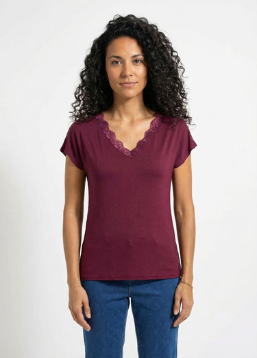 T-shirt court extensible dentelle Prune