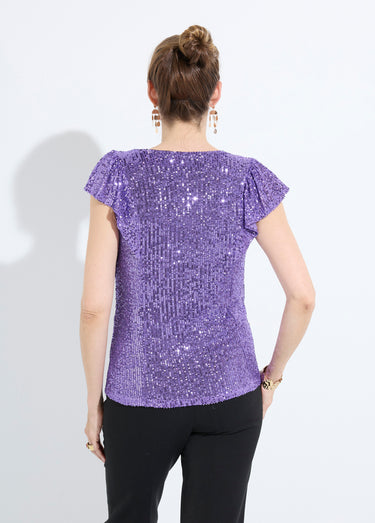 T-shirt sequins manches courtes col V Violet