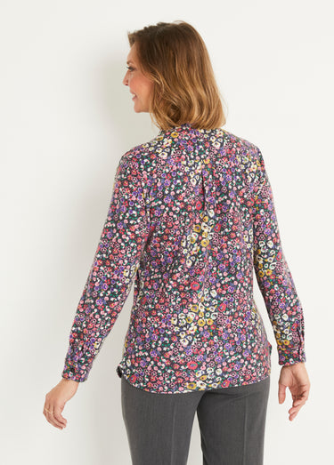 Chemisier boutonné long fleuri maille chaude Noir/Rose