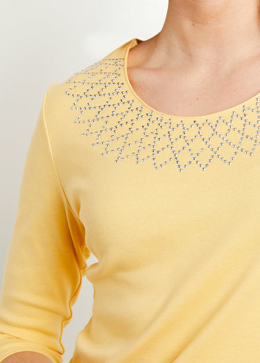 T-shirt fantaisie cloutée manches 3/4 Jaune