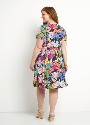 Robe col V courte évasée imprimé feuilles Marine/Rose