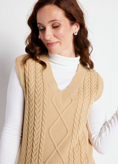 Pull col V sans manches maille fantaisie Beige