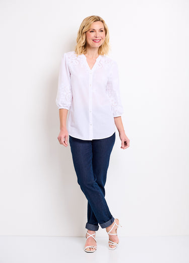 Chemisier long coton brodé manches 3/4 Blanc