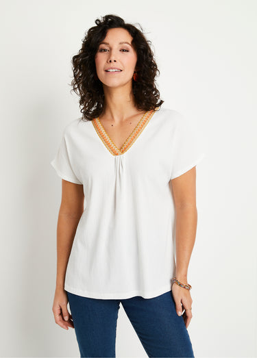 T-shirt long ample uni brodé Blanc