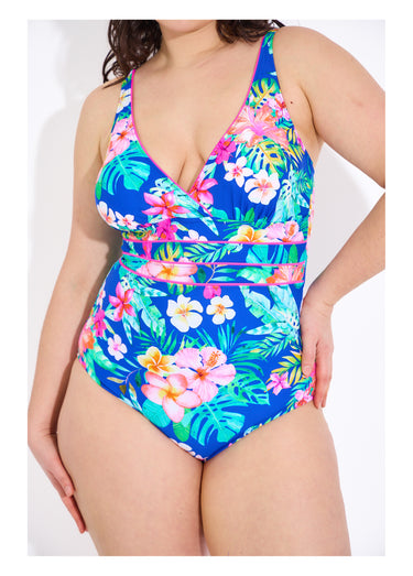 Maillot de bain 1 pièce fleurs exotiques Bleu Imprime