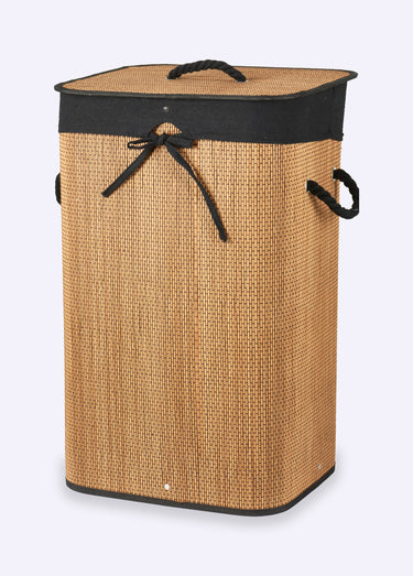 Panier à linge bambou tressé et tissu Noir/Bambou