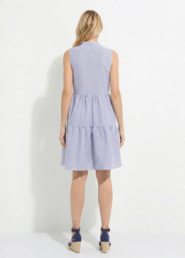 Robe seersucker rayé sans manches volantée Bleu / Blanc