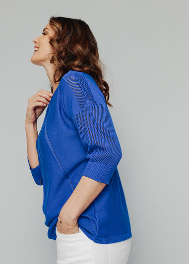 Pull en maille ajourée, manches 3/4 Bleu