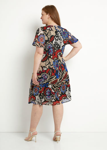 Robe courte évasée volantée voile imprimé Noir/Ecru