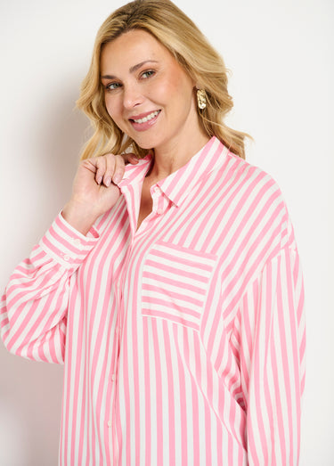Chemisier fluide rayé long manches longues Rose / Blanc