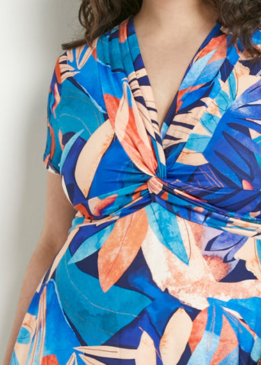 Robe courte col V effet drapé imprimé feuillage Bleu / Orange
