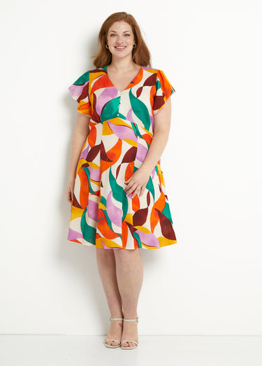 Robe col V courte aspect lin imprimé floral Orange/Vert