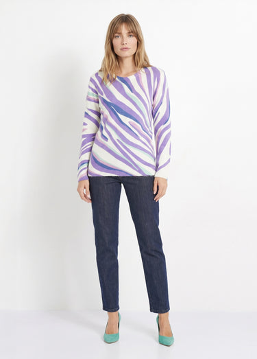 Pull doux court col rond imprimé graphique Ecru/Violet