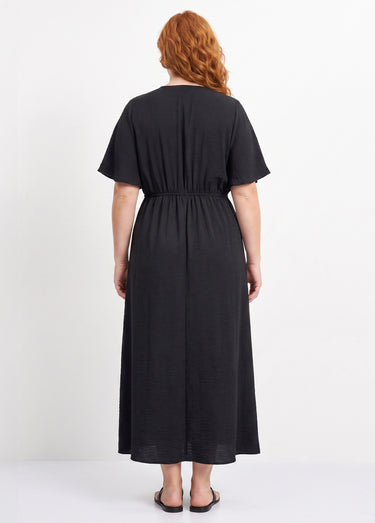 Robe longue col V plissé, taille haute Noir