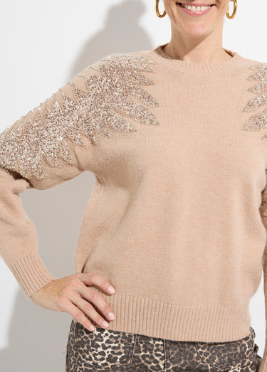 Pull col rond, perles et strass brillants Beige