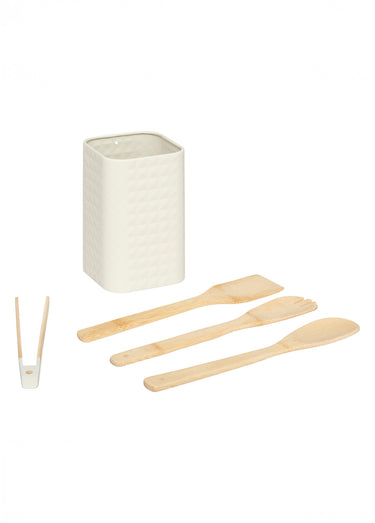 Pot acier inox + 4 ustensiles en bambou Creme