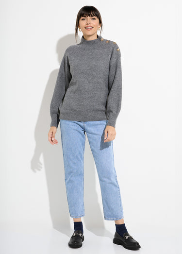 Pull col montant boutons bijou métal Gris
