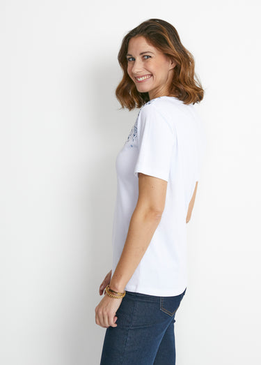 T-shirt manches courtes col motif clouté Blanc