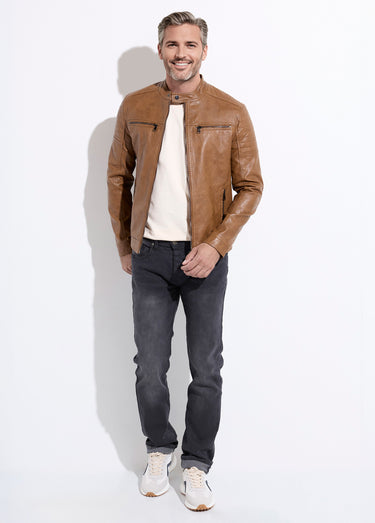 Blouson simili cuir zippé style motard Camel