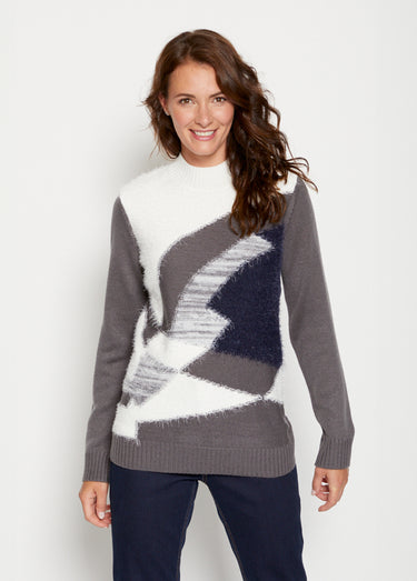 Pull maille poilue manches longues Ecru/Gris
