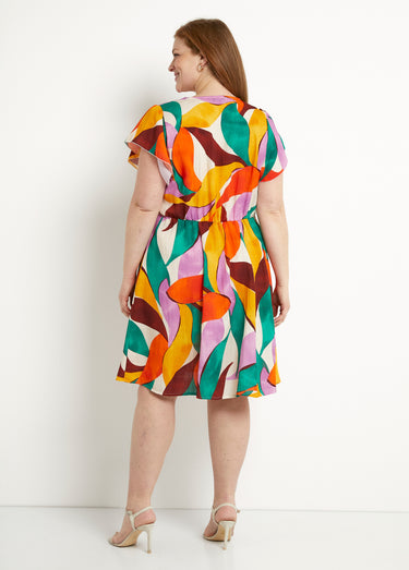 Robe col V courte aspect lin imprimé floral Orange/Vert