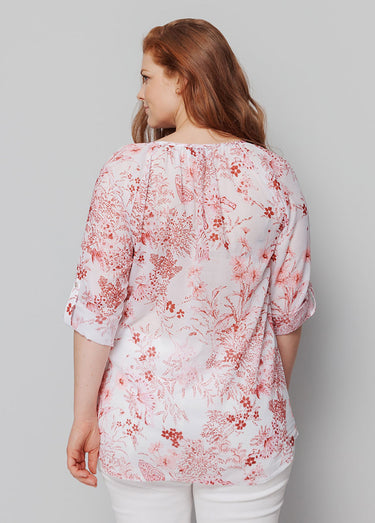 Tunique boutonnée ample voile imprimé Blanc/Rose