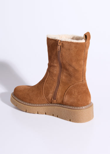 Boots montantes cuir, détails fourrure Camel