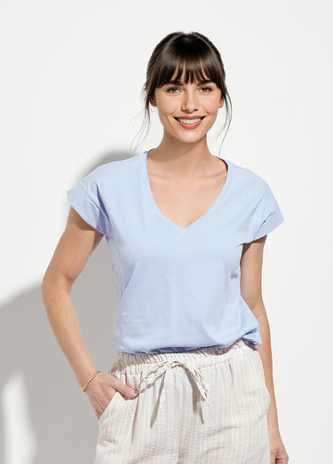 T-shirt col V sans manches maille coton Bleu