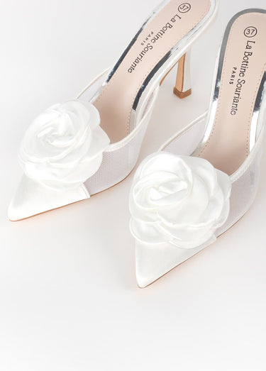 Mules chic fleur tissu Blanc