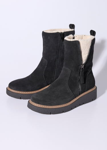 Boots montantes cuir, détails fourrure Noir