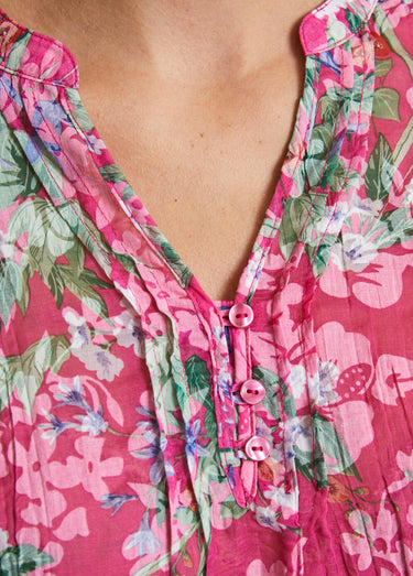 Tunique ample manches 3/4 fleurie Fond Fuchsia
