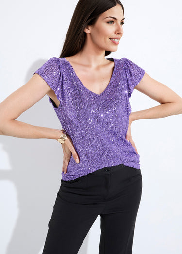 T-shirt sequins manches courtes col V Violet