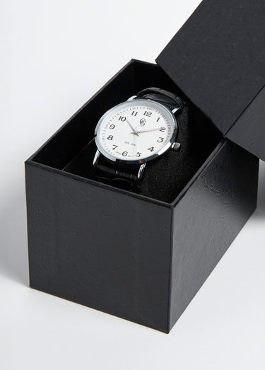 Montre ronde acier inox et cuir façon croco Noir