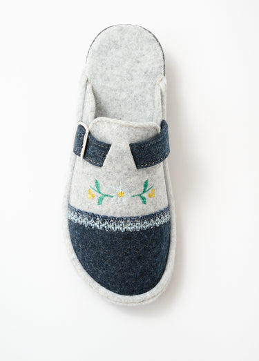Chaussons mules brodés largeur confort Gris/Marine