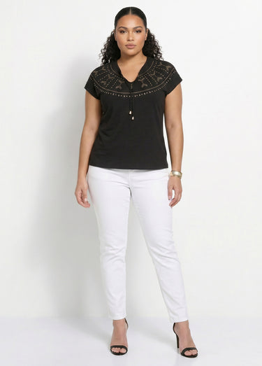 T-shirt court uni clouté maille flammée Noir