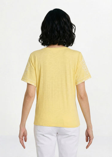 T-shirt col V brodé manches courtes Jaune/Blanc
