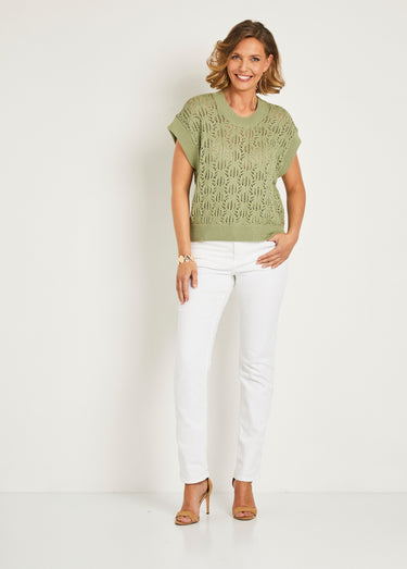 Pull maille ajourée manches courtes Kaki