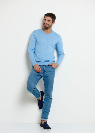 Pull col V maille empiècements coudes Bleu Chine