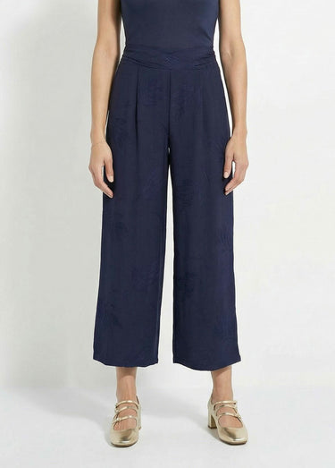 Pantalon large élastiqué brodé feuillage Marine