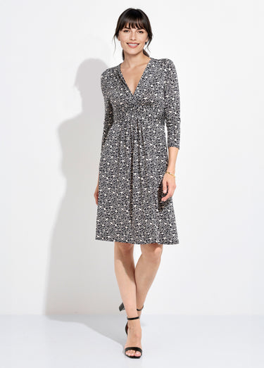 Robe manches 3/4 col V drapé motif cœurs Noir / Blanc