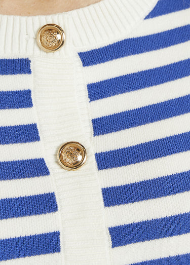 Gilet cardigan court col rond rayé boutonné Raye Bleu