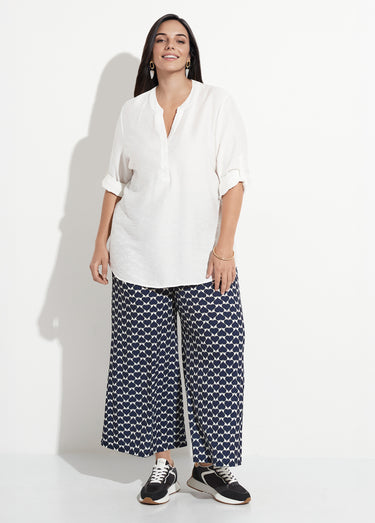 Blouse col V unie à manches longues Blanc